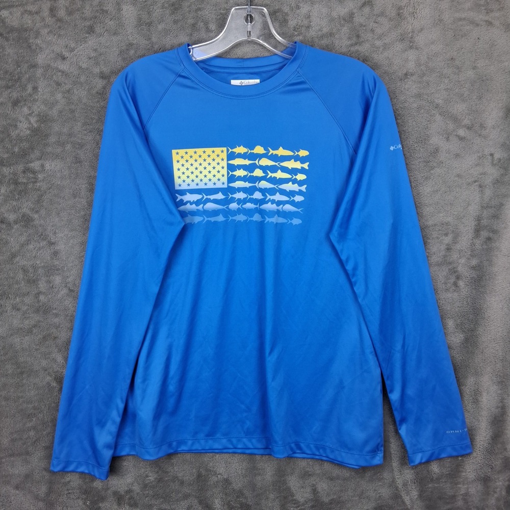 Columbia PFG Womens XL Blue Fish Flag Long Sleeve Fishing Shirt XK8068